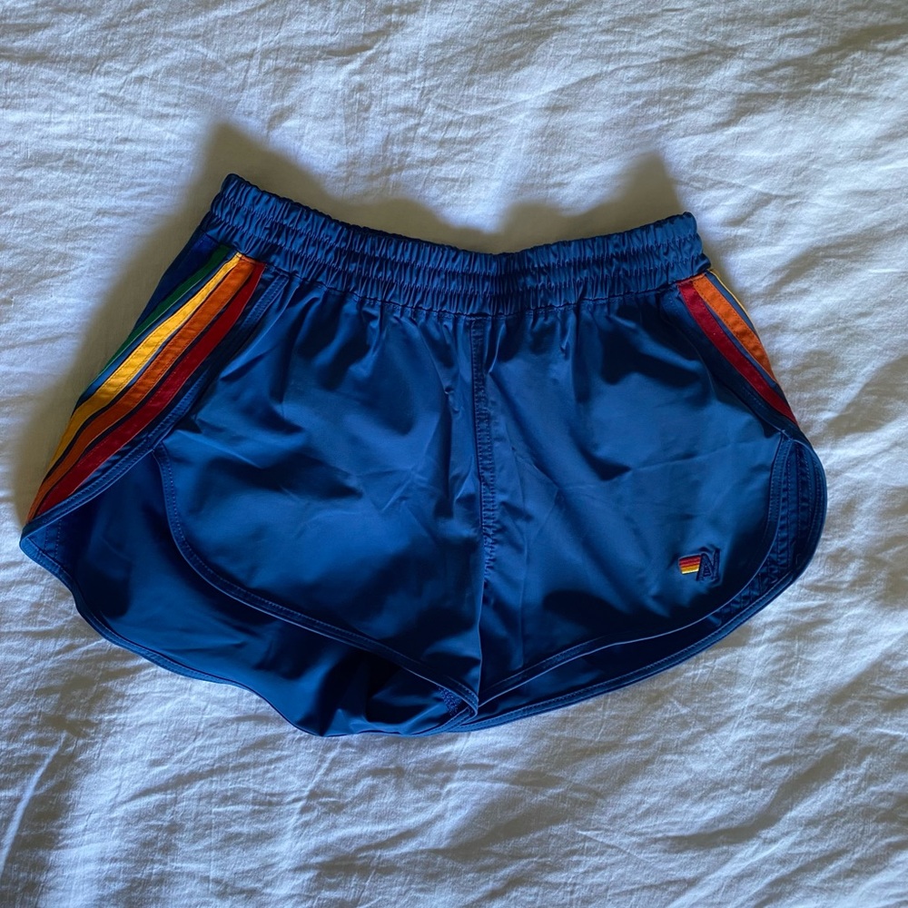 Aviator Nation Blue Athletic Shorts with Classic Rainbow Stripes